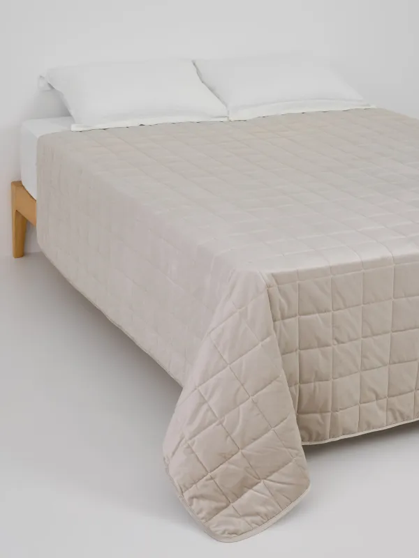 Bedspread, 220x240 cm, quilted, velvet/microfiber, beige / grey, Squares, Stitch velvet, image-0