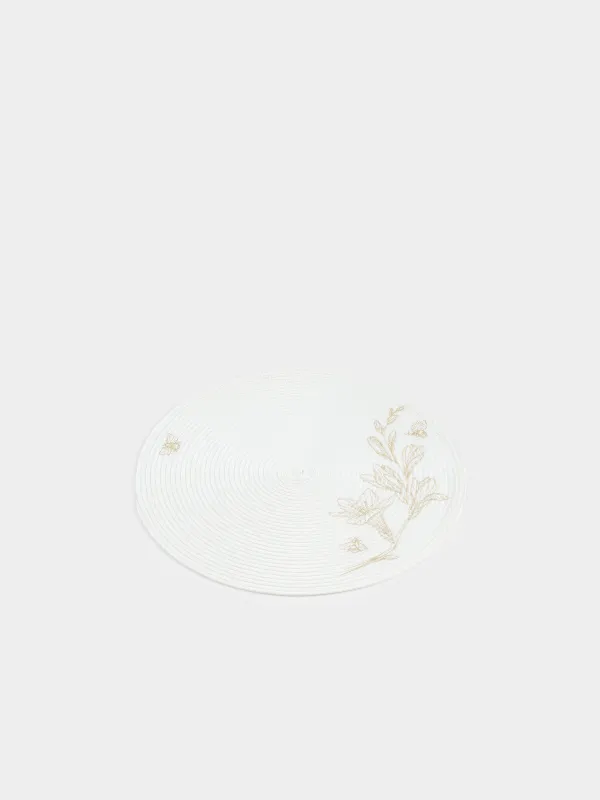 Placemat, 38 cm, polypropylene/PET, Round, Light grey, Flowers, Circle embroidery, image-1