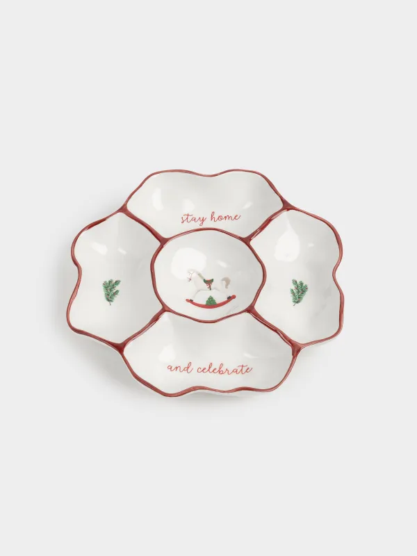 Divided plate, 25 cm, 5 compartments, ceramics, Horse and fir branches, Christmas tree, image-2