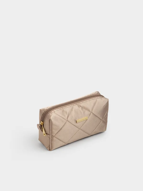 Makeup bag, 20x10 cm, quilted, satin, beige, Quilted silk, image-1