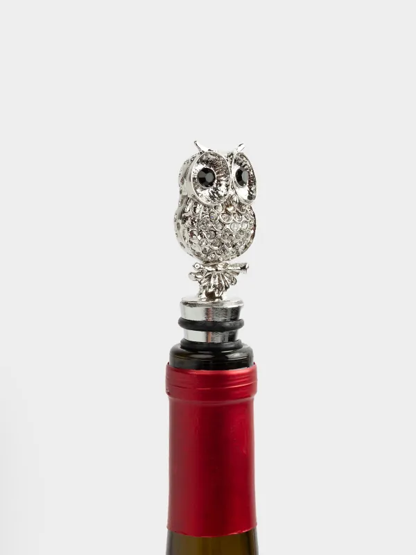 Beverage bottle stopper, 11 cm, metal/rhinestones, silver, Owl, Birds, image-3