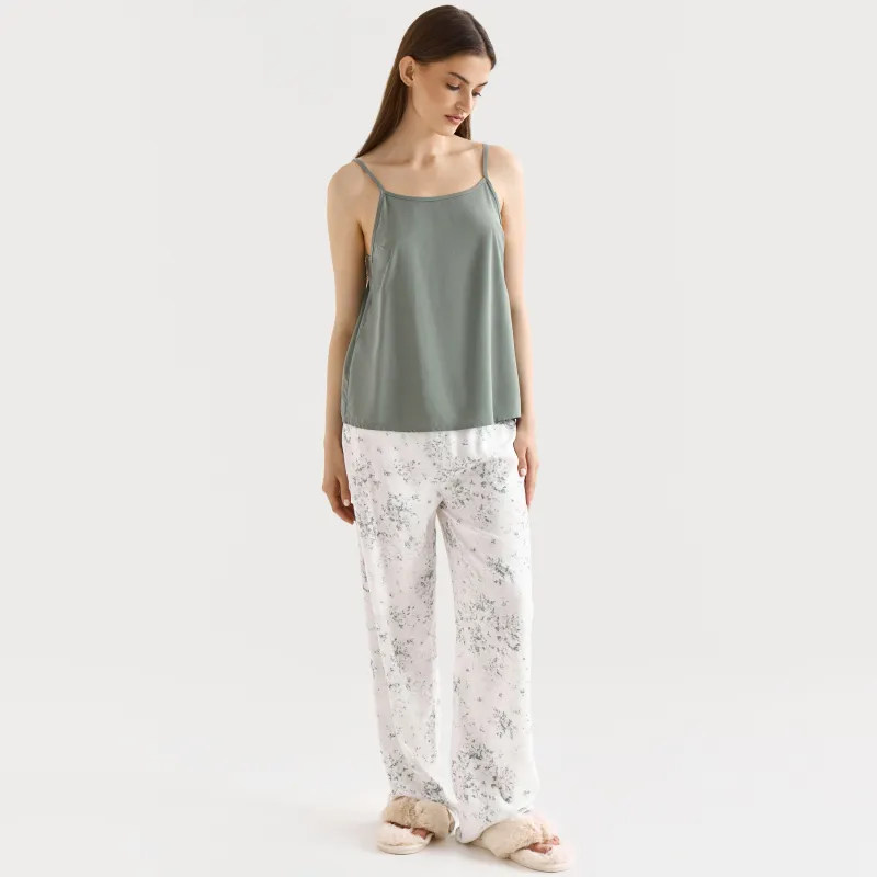 Women's trousers, homewear, size L, viscose, milky, Flowers, Arsinoa