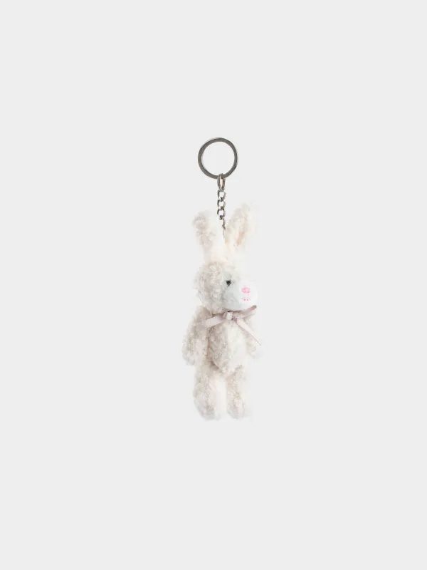 Pendant, 14 cm, soft, with moving paws, boucle / metal, milky, bunny with bow, Rabbit, image-0