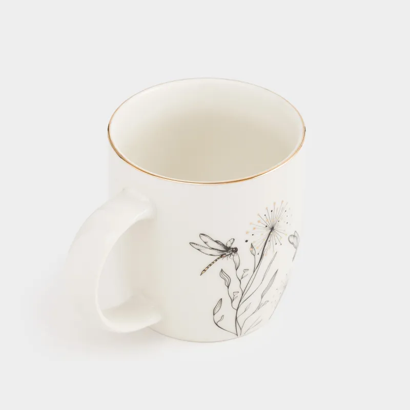 Mug, 380 ml, porcelain N, white, with golden edging, Dragonflies and dandelions, Dragonfly, image-1
