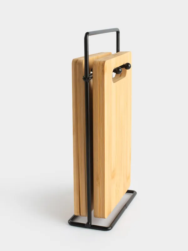 Cutting board, 22x14 cm, 4 pcs, on a stand, bamboo / steel, rectangular, Bamboo, image-5