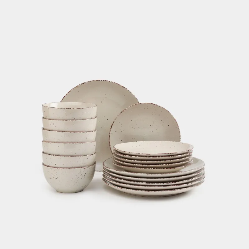 Dining set, 6 pers., 18 pr., ceramic, beige, speckled, Speckled