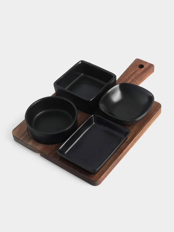 Snack set, 4 items, on a stand, ceramic / wood, black, Shape geometry, Black style , image-0