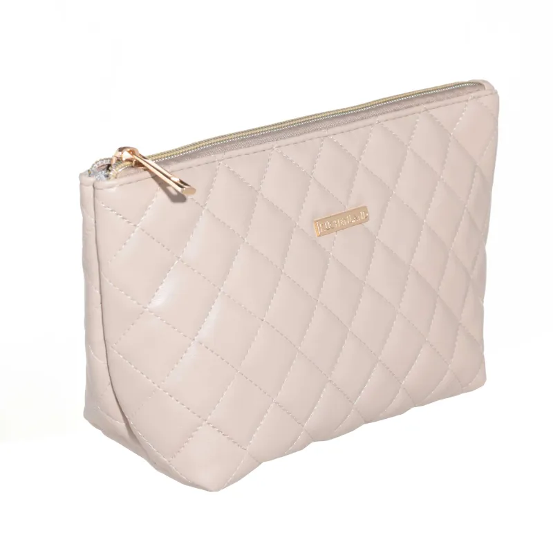 Cosmetic bag, 26x13 cm, quilted, polyurethane, beige, Quilted, image-1