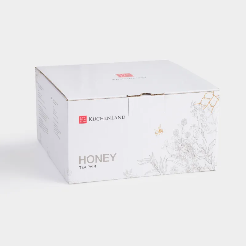 Tea pair, 1 person, 2 items, 350 ml, porcelain F, white and gold, Bees with flowers, Honey, image-4