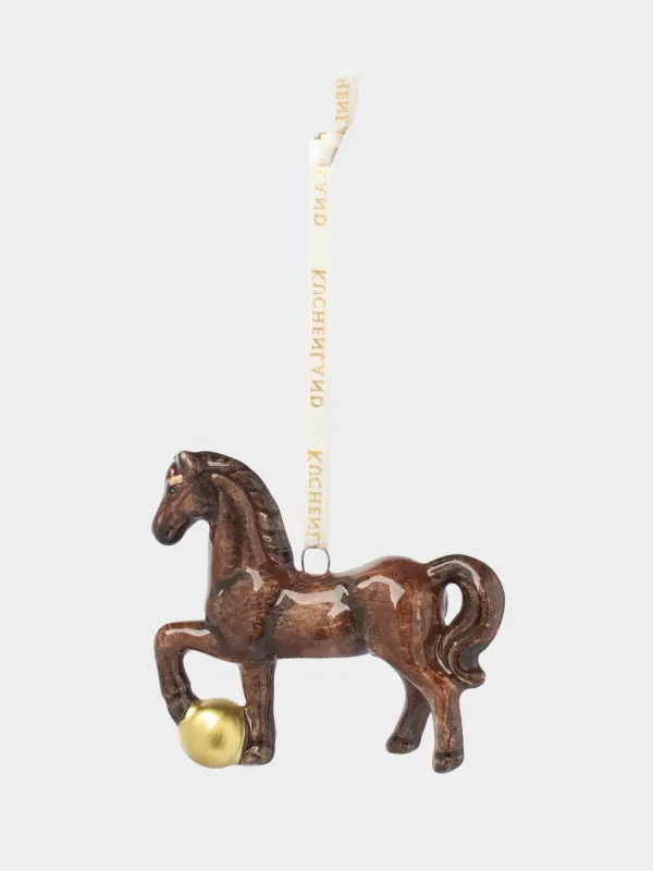 Christmas tree toy, 6/7 cm, illuminated, ceramic, brown and gold, Horse with ball, Figure christmas, image-1