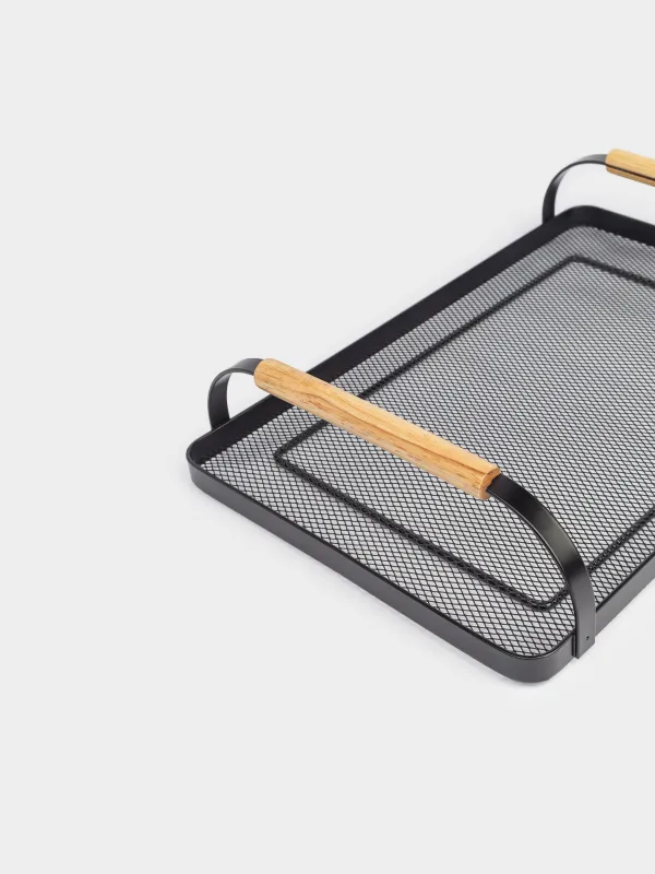 Tray, 33x23 cm, with handles, metal / wood, rectangular, black, Black style, image-3