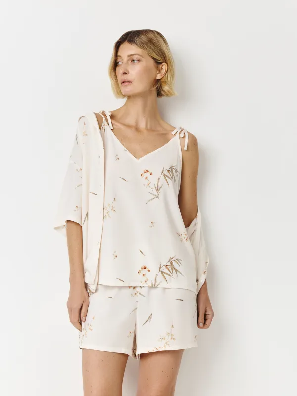 Women's shorts, homewear, size L, viscose, milky, Flowers, Norla, image-0