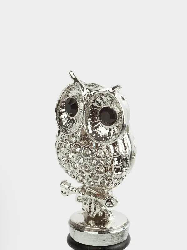 Beverage bottle stopper, 11 cm, metal/rhinestones, silver, Owl, Birds, image-1