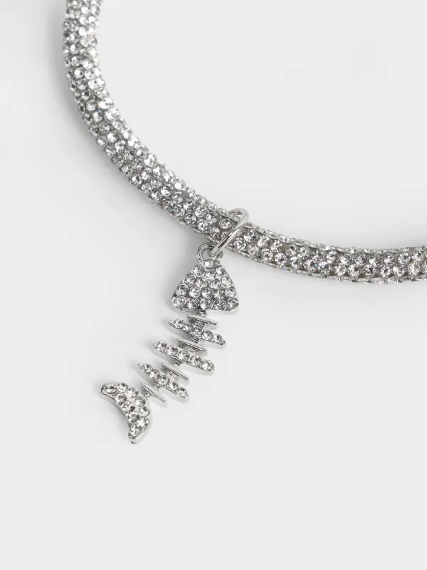 Pet collar, 25/30 cm, decorative, metal / rhinestones, silver, Fish, Crystal pet, image-1