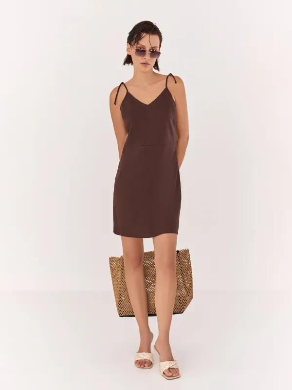 Women's dress, mini, size S, with straps, viscose / linen, lemon, Nicole, image-0