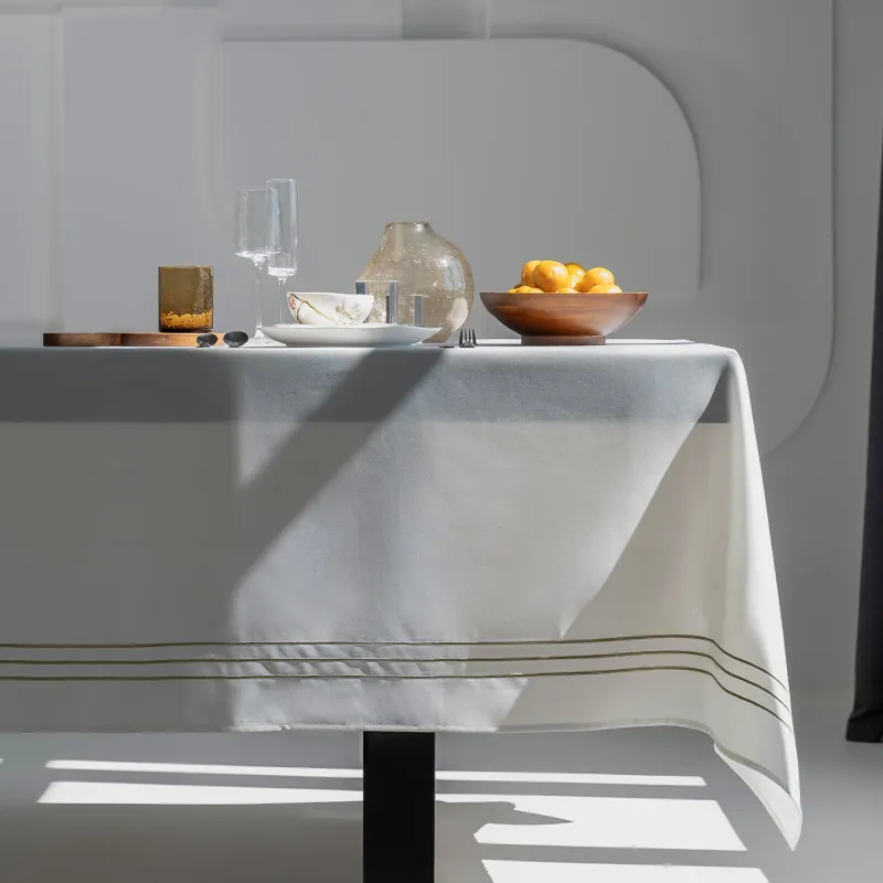 Tablecloth, 160x160 cm, polyester, white, Lines, Trim gold