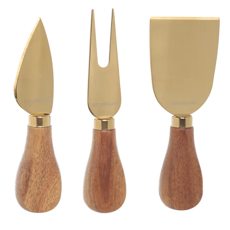 Cheese set, 4 pcs, dish board with handle, steel / wood, golden, Cheese gold, image-1