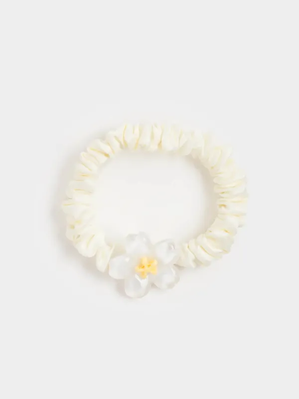 Elastic band for hair, 8 cm, satin/plastic, Milk, Flower, Silk, image-0