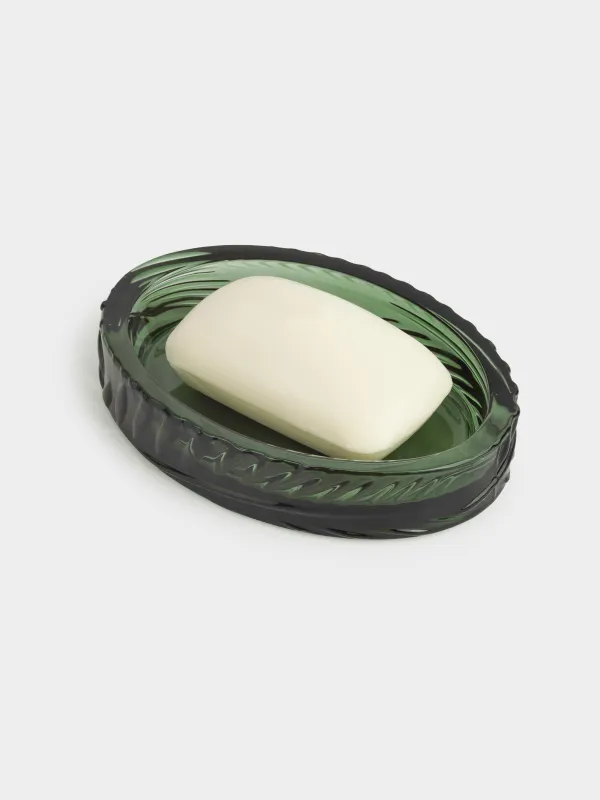 Soap dish, 14x10 cm, glass, rectangular, green, Tropical leaves, image-5