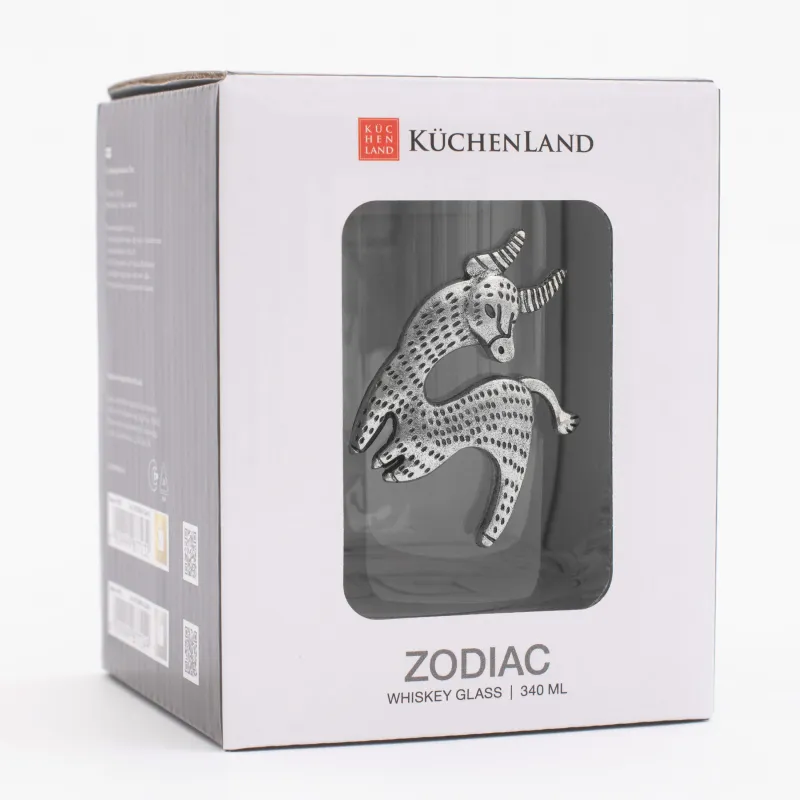 Whiskey glass, 10 cm, 340 ml, glass / metal, silver, Taurus, Zodiac, image-5