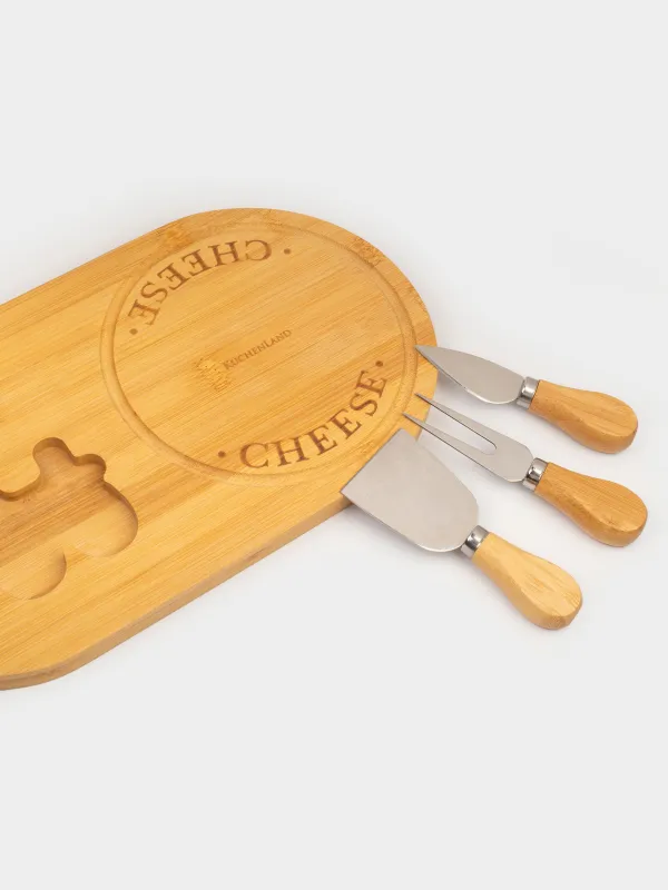 Cheese set, 4 pcs, stand board, Steel / Bamboo, Oval, Cheese, image-4