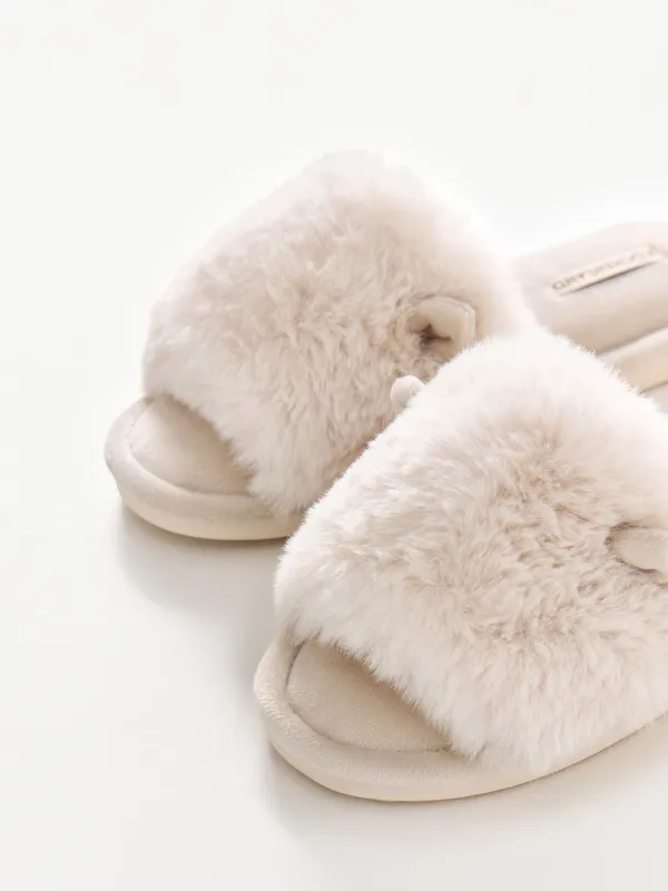 Women's slippers, homewear, size 36-37, polyester, milky, Fur, image-2
