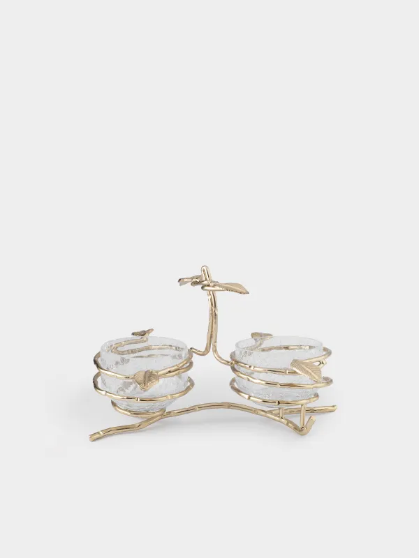 Snack stand, 26x16 cm, 2 pr, on stand, with handle, glass / metal, Branches, Fantastic gold, image-0