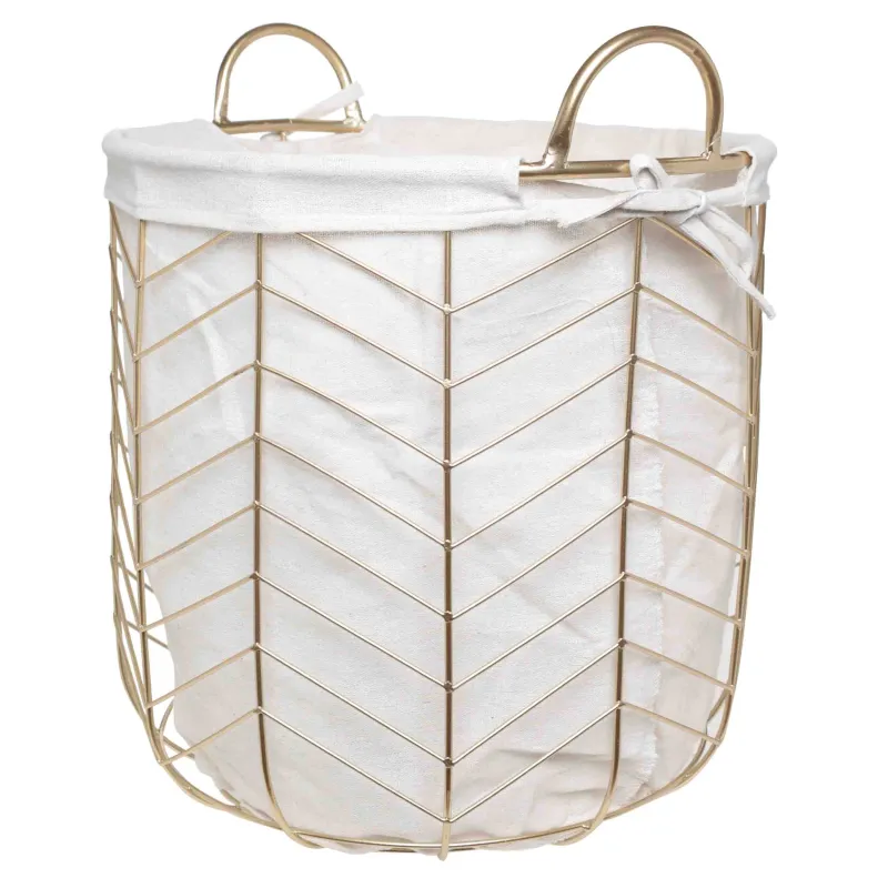 Laundry basket, 33x34 cm, with handles, metal / polyester, round, gold, Teca, image-1