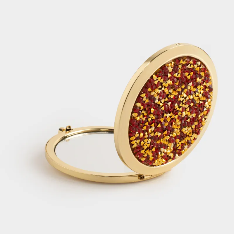 Pocket mirror, 7 cm, double-sided, steel, gold, Red sequins, Actress