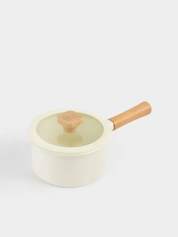 Saucepan, 16 cm, 1.6 l, with lid, enameled metal / wood, milky, Enamel wood, image-1