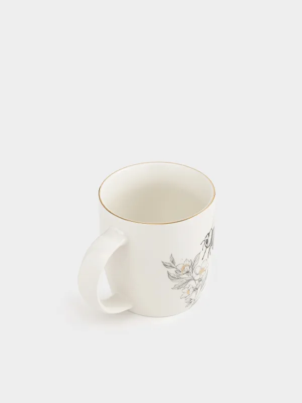 Mug, 380 ml, porcelain N, white, with golden edging, Bumblebee with flower, Bugs, image-1