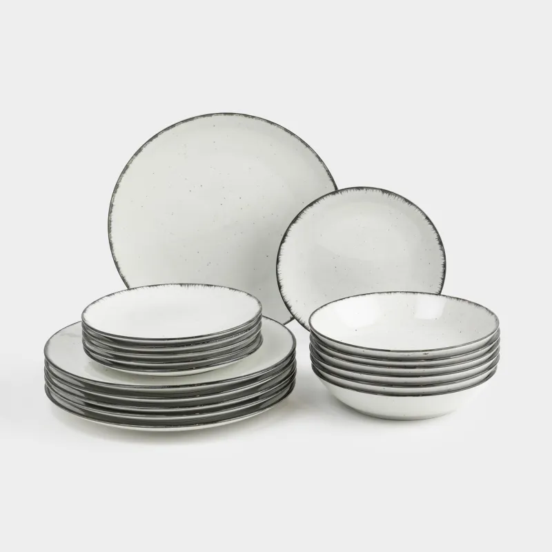 Dining set, 6 pers., 18 pr., ceramic, white-grey, speckled, Roxas