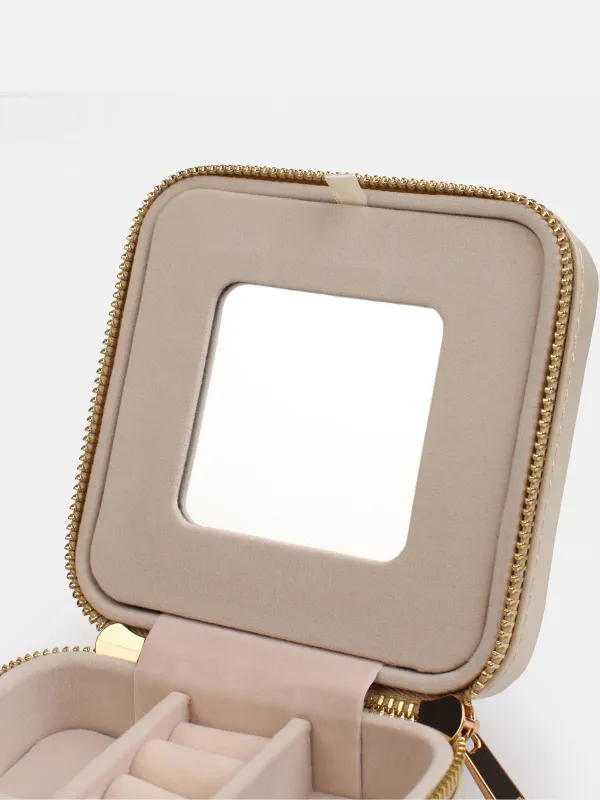 Jewelry box, 12x12 cm, with mirror, PU leather / MDF, beige, Premiere small, image-6