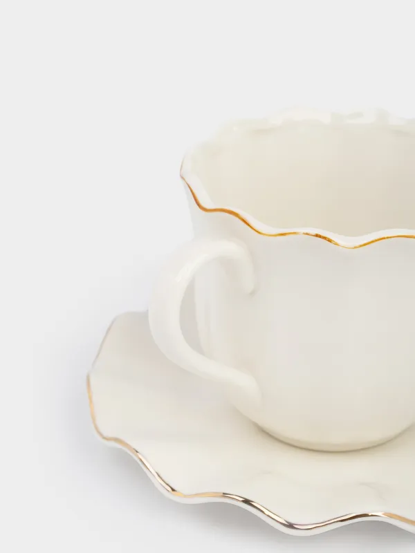 Tea pair, 1 person, 2 items, 350 ml, porcelain P, with golden edging, Wavy edge, Crumple gold, image-2