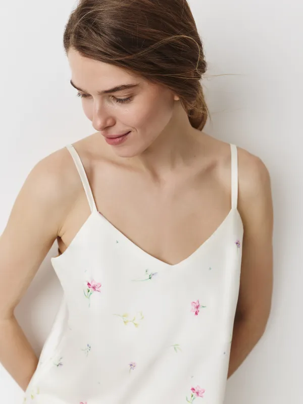 Women's top, homewear, size L, straps, polyester, milky, Flowers, Sevilla, image-3