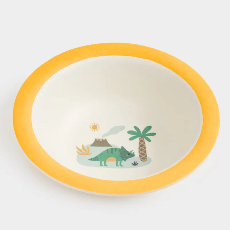Soup plate, children's, 15x4 cm, bamboo, yellow, Dinosaur and palm tree, Dino, image-1