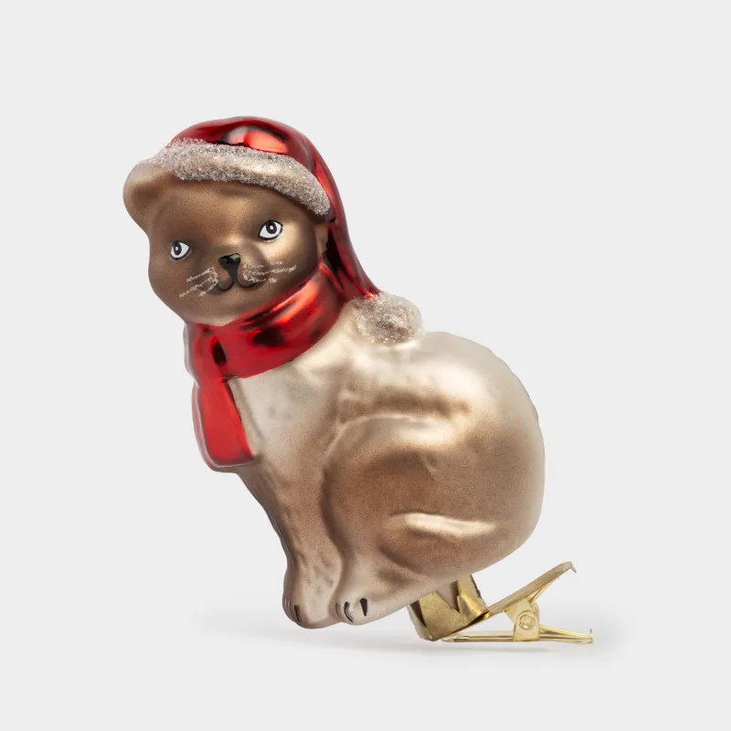 Christmas tree toy, 11 cm, on a clip, glass, Cat in scarf, Figure christmas