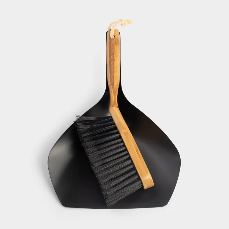 Garbage brush, with dustpan, 33 cm, plastic / bamboo / steel, black, Black clean