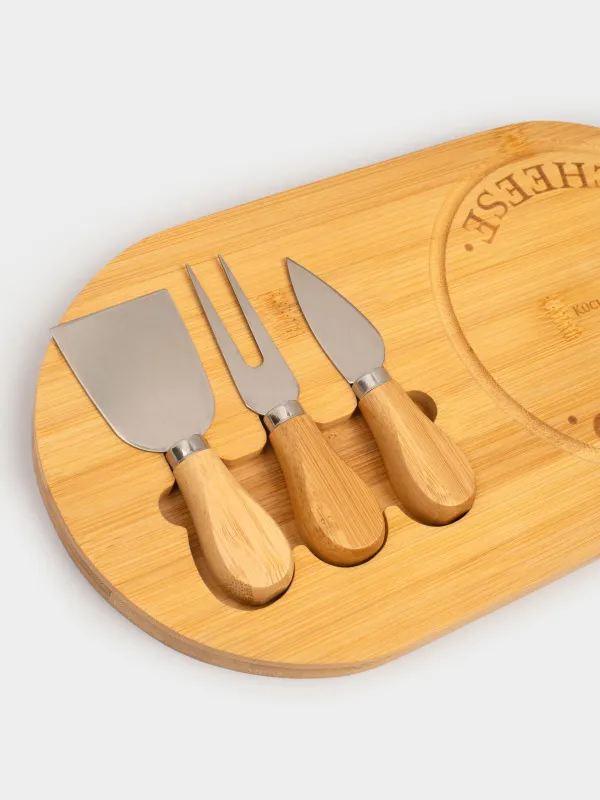 Cheese set, 4 pcs, stand board, Steel / Bamboo, Oval, Cheese, image-5
