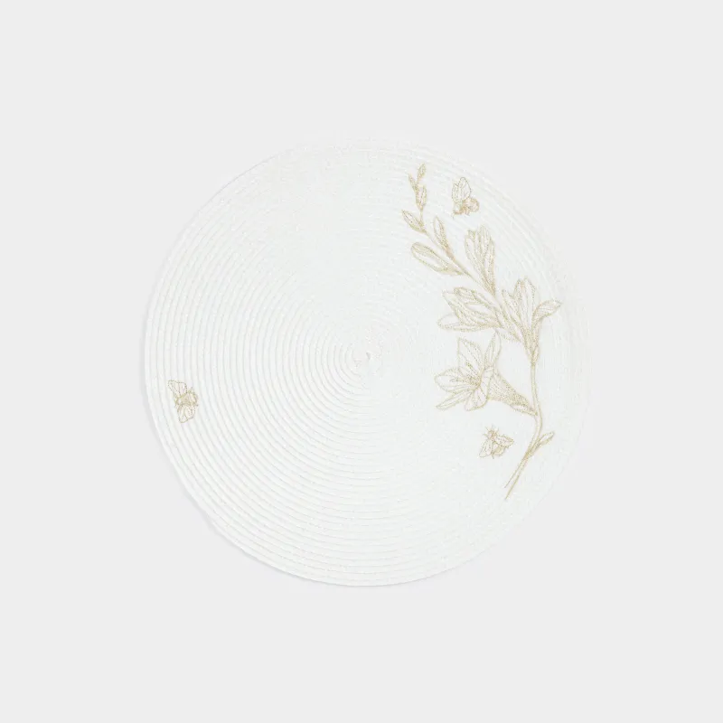 Placemat, 38 cm, polypropylene/PET, Round, Light grey, Flowers, Circle embroidery