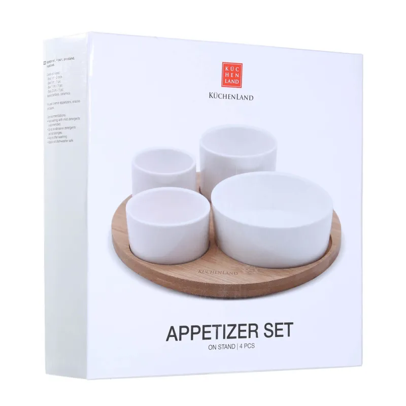 Snack set, 4 pcs, on a stand, ceramic / bamboo, white, round bowls, Bamboo, image-3