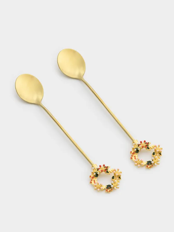 Dessert spoon, 15 cm, 2 pcs, steel, golden, Wreath, Christmas miracle, image-0