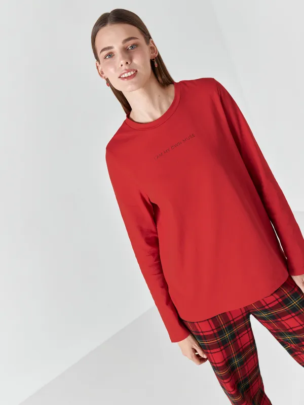 Women's two piece set, homewear, size L, with trousers, cotton, green-red, Checkered / Heart, Anllela, image-4