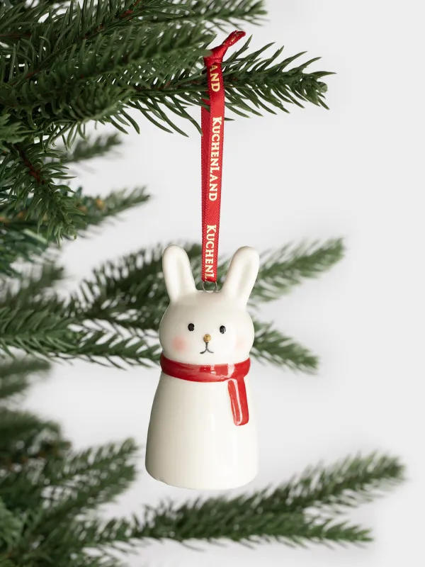 Christmas tree toy, 7 cm, porcelain P, milky, Rabbit in a scarf, Figure christmas, image-3