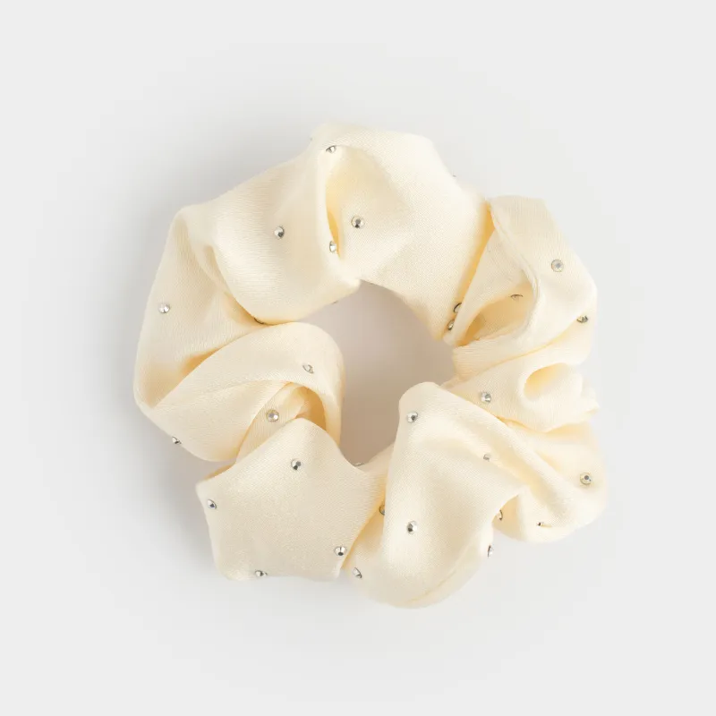  Elastic hair band, 6 cm, with rhinestones, polyester, milky, Silk