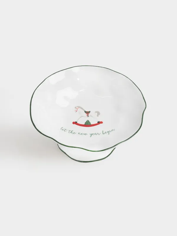 Fruit bowl, 27x12 cm, on a leg, ceramic, Horse, Christmas green, image-1