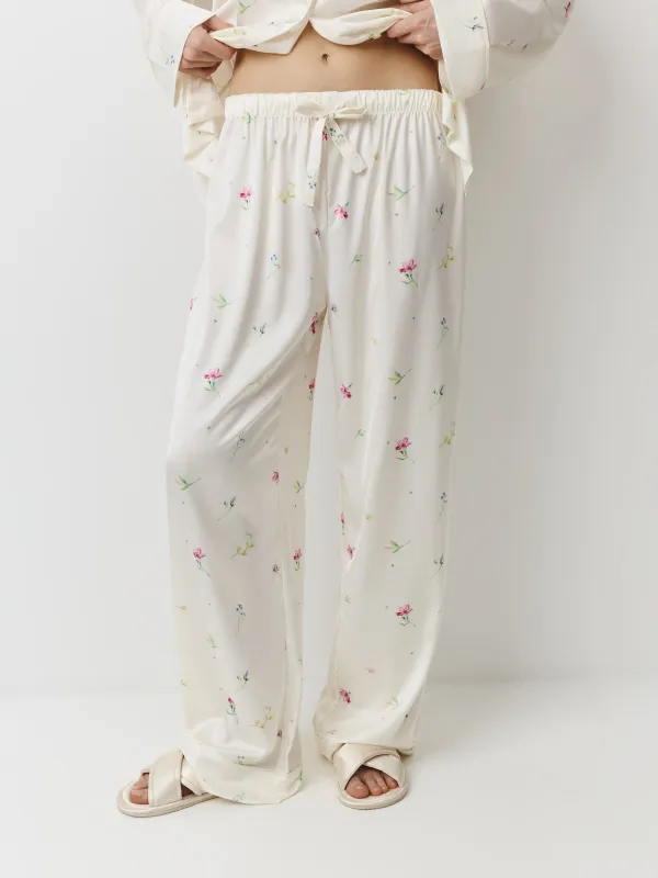Women's trousers, homewear, size L, polyester, milky, Flowers, Sevilla, image-1