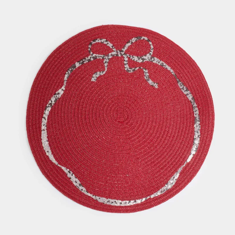 Placemat, 38 cm, with glitter, polyester / plastic, round, Red, Bow, Rotary