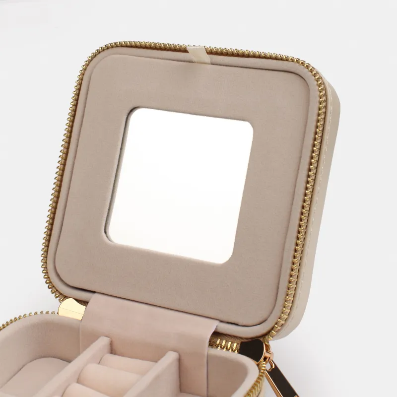 Jewelry box, 12x12 cm, with mirror, PU leather / MDF, beige, Premiere small, image-7