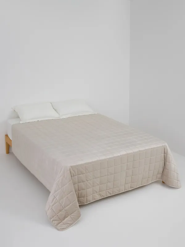 Bedspread, 220x240 cm, quilted, velvet/microfiber, beige / grey, Squares, Stitch velvet, image-1